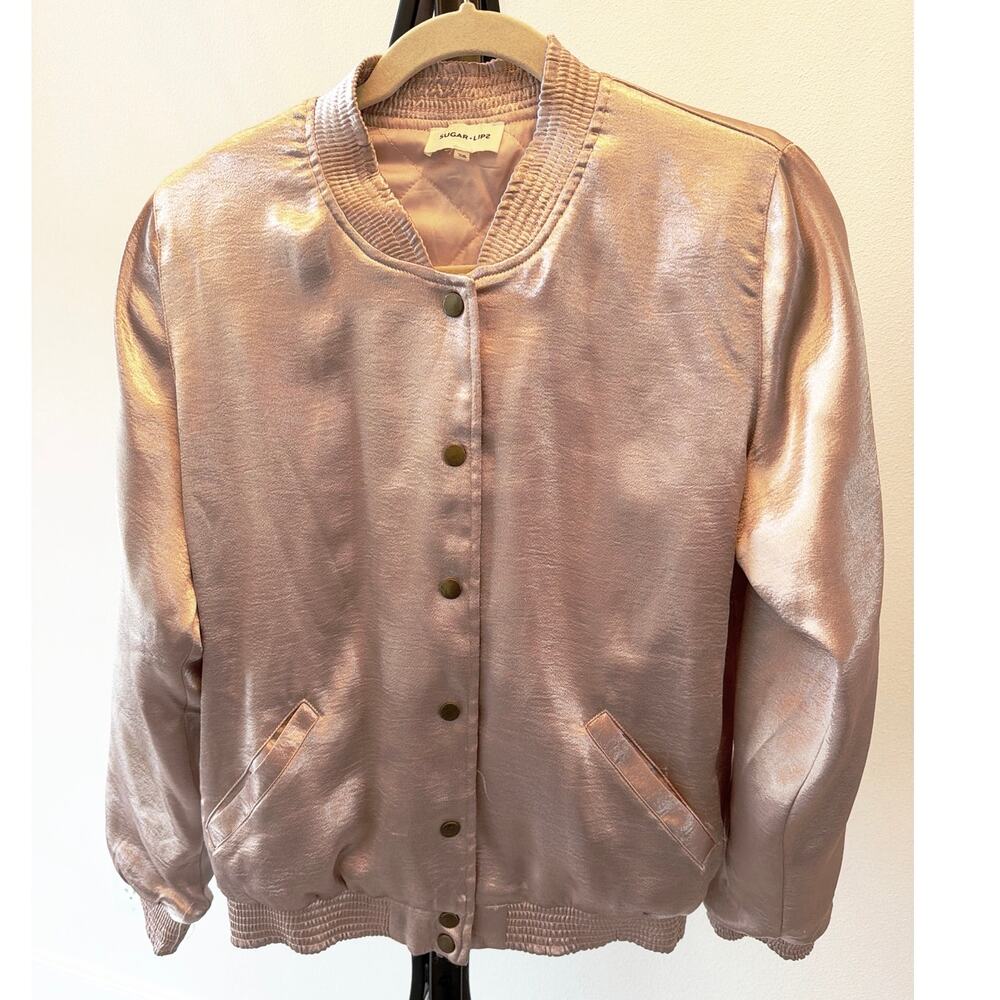 XS Sugar-Lips Satin Finish Bomber Jacket Shimmery Blush-Pink Button-Down Front